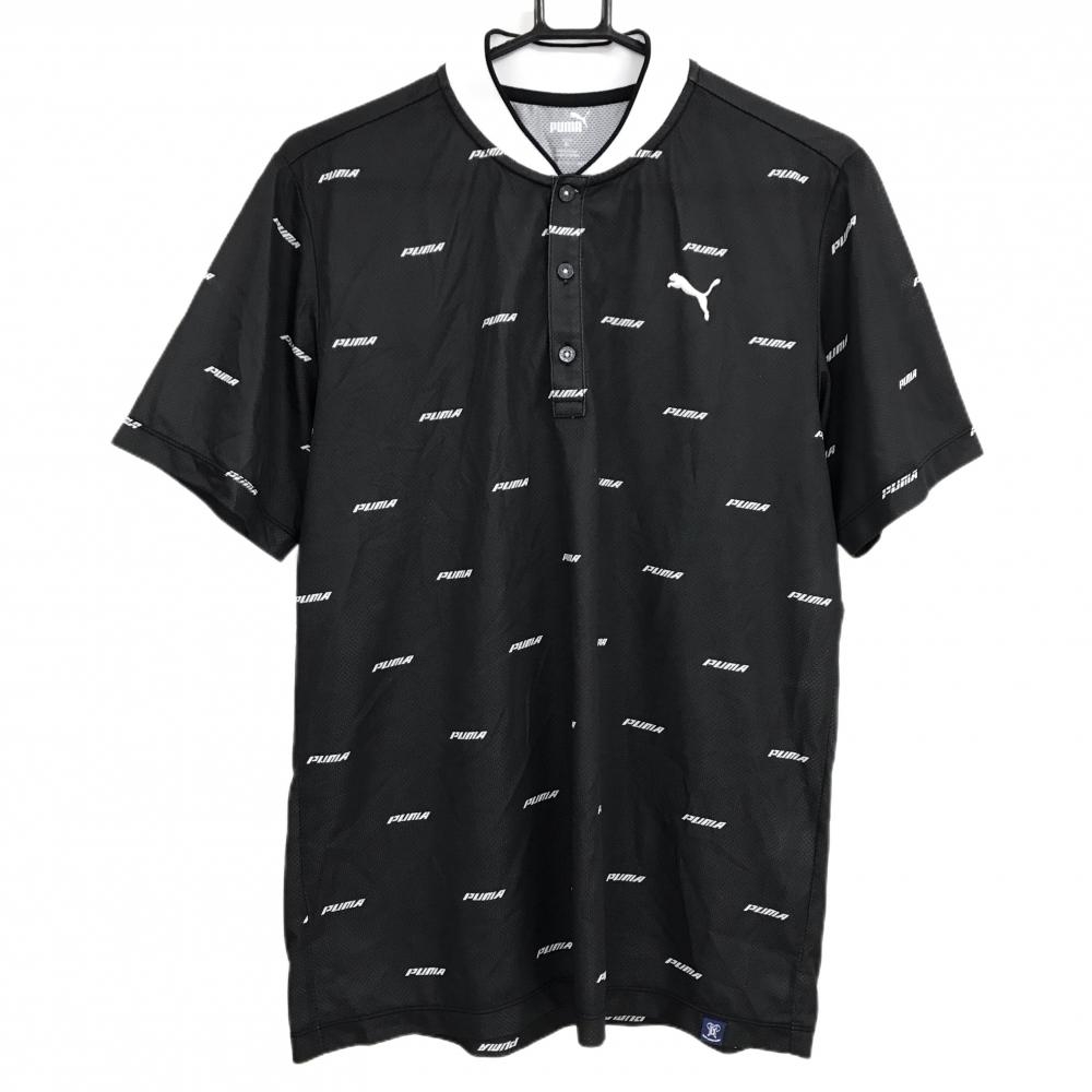 プーマ 半袖ポロシャツ ダークグレー×白 ロゴ英字総柄 スタンドカラー 織生地  メンズ XL ゴルフウェア PUMA