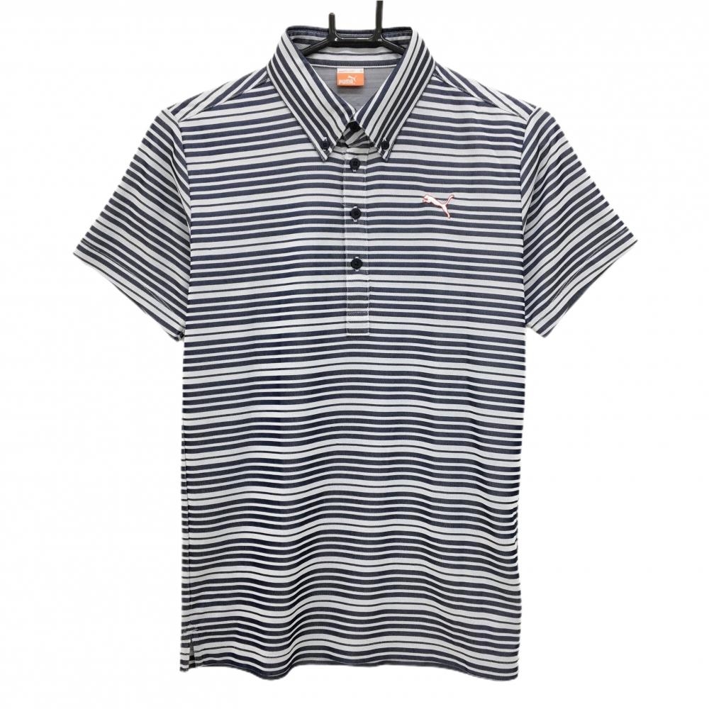 プーマ 半袖ポロシャツ 白×ネイビー ボーダー ロゴ刺しゅう ボタンダウン メンズ S ゴルフウェア PUMA