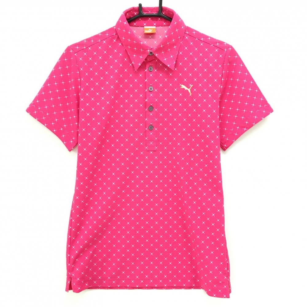 【美品】プーマ 半袖ポロシャツ ピンク×白 総柄 ロゴ刺しゅう  メンズ M ゴルフウェア PUMA