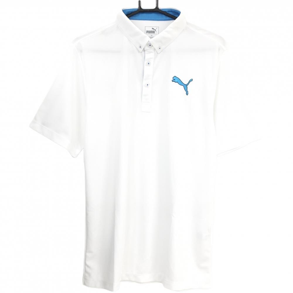 【超美品】プーマ 半袖ポロシャツ 白×ライトブルー ボタンダウン  メンズ XXL ゴルフウェア PUMA
