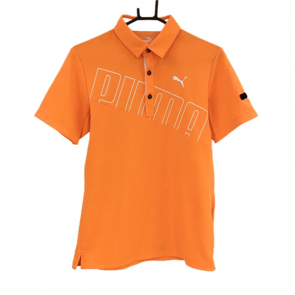 【超美品】プーマ 半袖ポロシャツ オレンジ×白 フロントロゴ ティー装着可 メンズ S ゴルフウェア PUMA