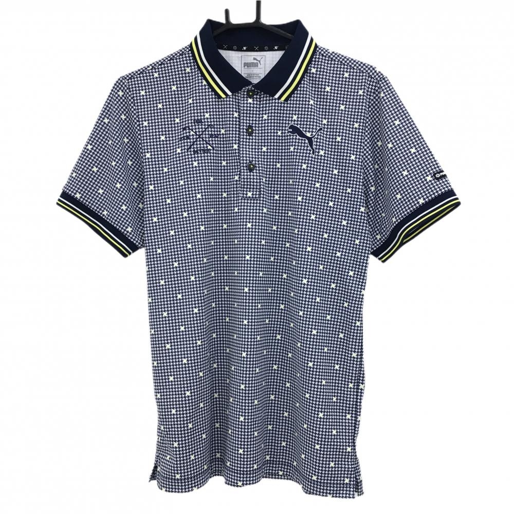 【超美品】プーマ 半袖ポロシャツ ネイビー×白 総柄 ロゴ刺しゅう  メンズ L ゴルフウェア PUMA