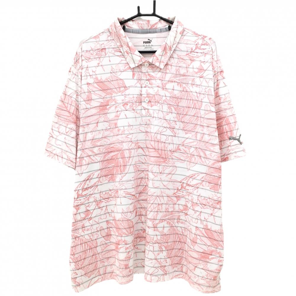 【超美品】プーマ 半袖ポロシャツ 白×レッド×グレー 総柄 ボーダー  メンズ US-XXL ゴルフウェア 大きいサイズ PUMA