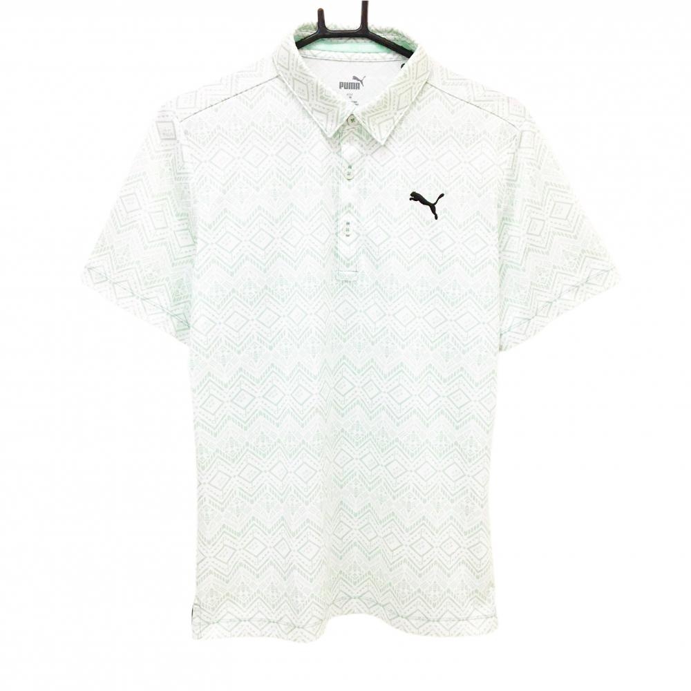 【美品】プーマ 半袖ポロシャツ 白×グリーン 総柄 ロゴ刺しゅう  メンズ M ゴルフウェア PUMA
