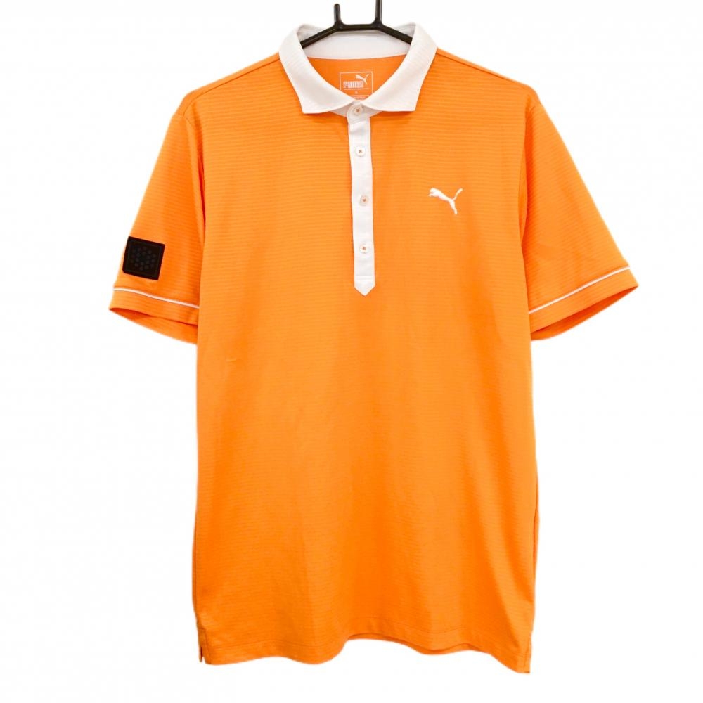 プーマ 半袖ポロシャツ オレンジ×白 ボーダー地模様 ロゴ刺しゅう  メンズ XL ゴルフウェア PUMA