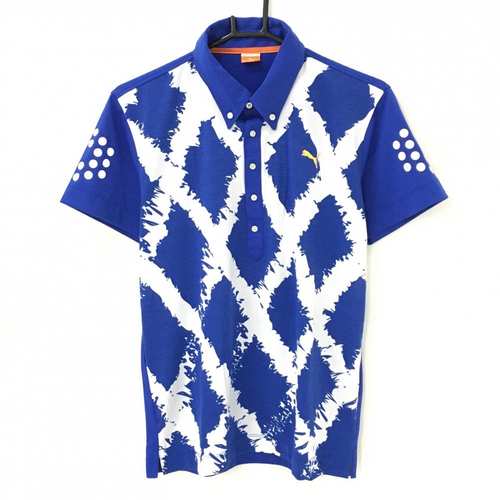 【美品】プーマ 半袖ポロシャツ ブルー×白 前身頃総柄 メンズ M ゴルフウェア PUMA