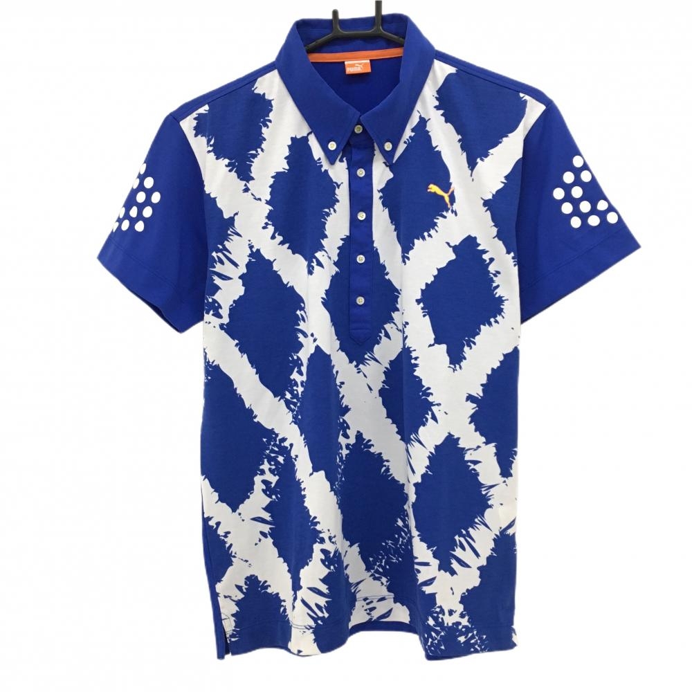 【美品】プーマ 半袖ポロシャツ ブルー×白 前身頃総柄 ボタンダウン  メンズ L ゴルフウェア PUMA