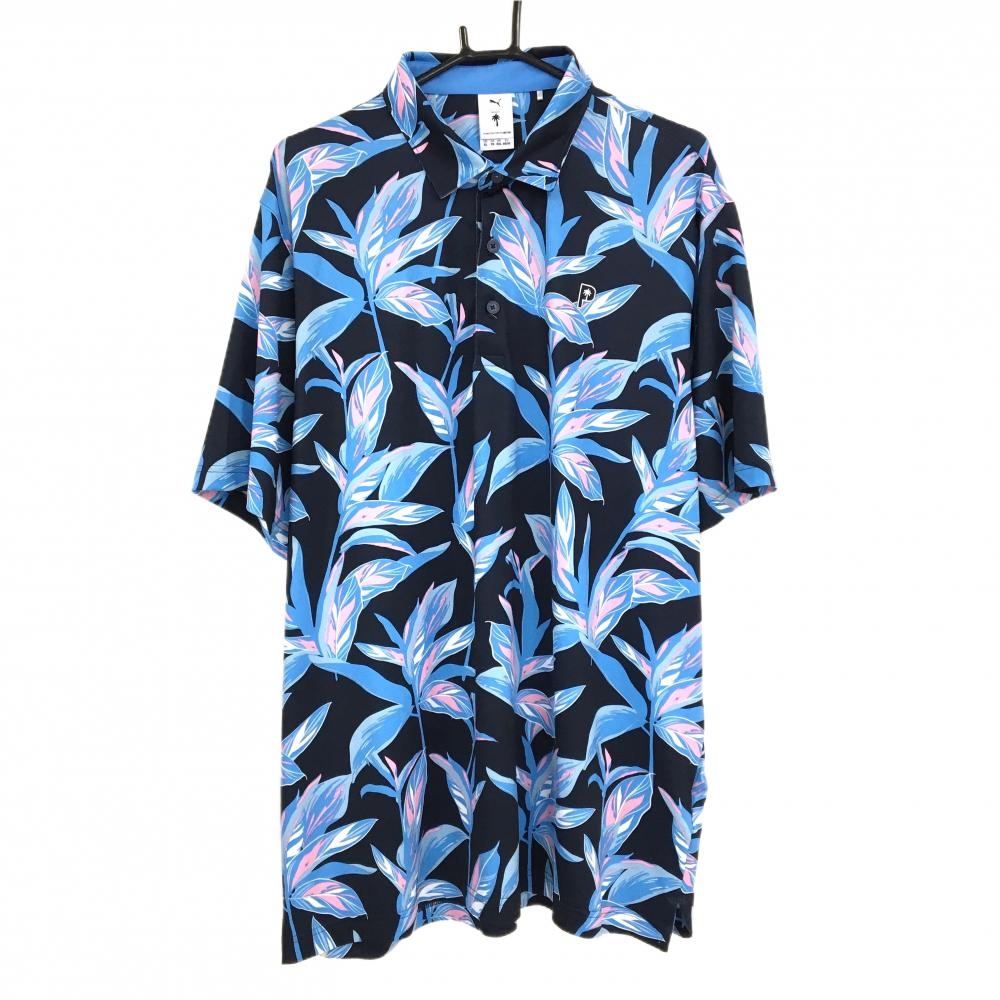 【超美品】プーマ 半袖ポロシャツ ダークネイビー×ブルー 総柄 ロゴ刺しゅう メンズ US-XL ゴルフウェア PUMA