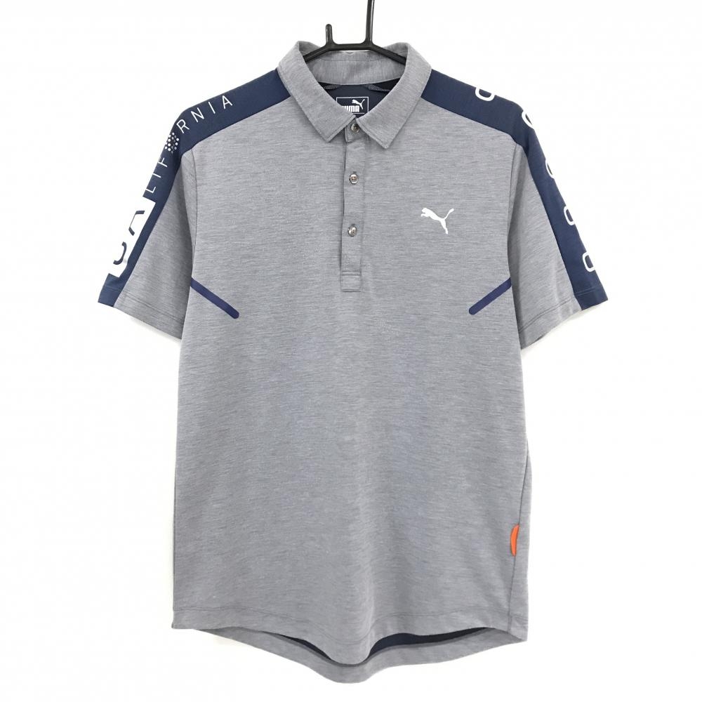 プーマ 半袖ポロシャツ 杢グレー×ネイビー ロゴプリント  メンズ XL ゴルフウェア PUMA