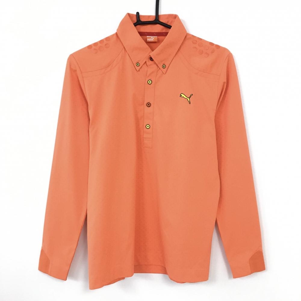 【美品】PUMA プーマ 長袖ポロシャツ オレンジ×イエロー ドット柄 ボタンダウン メンズ S ゴルフウェア
