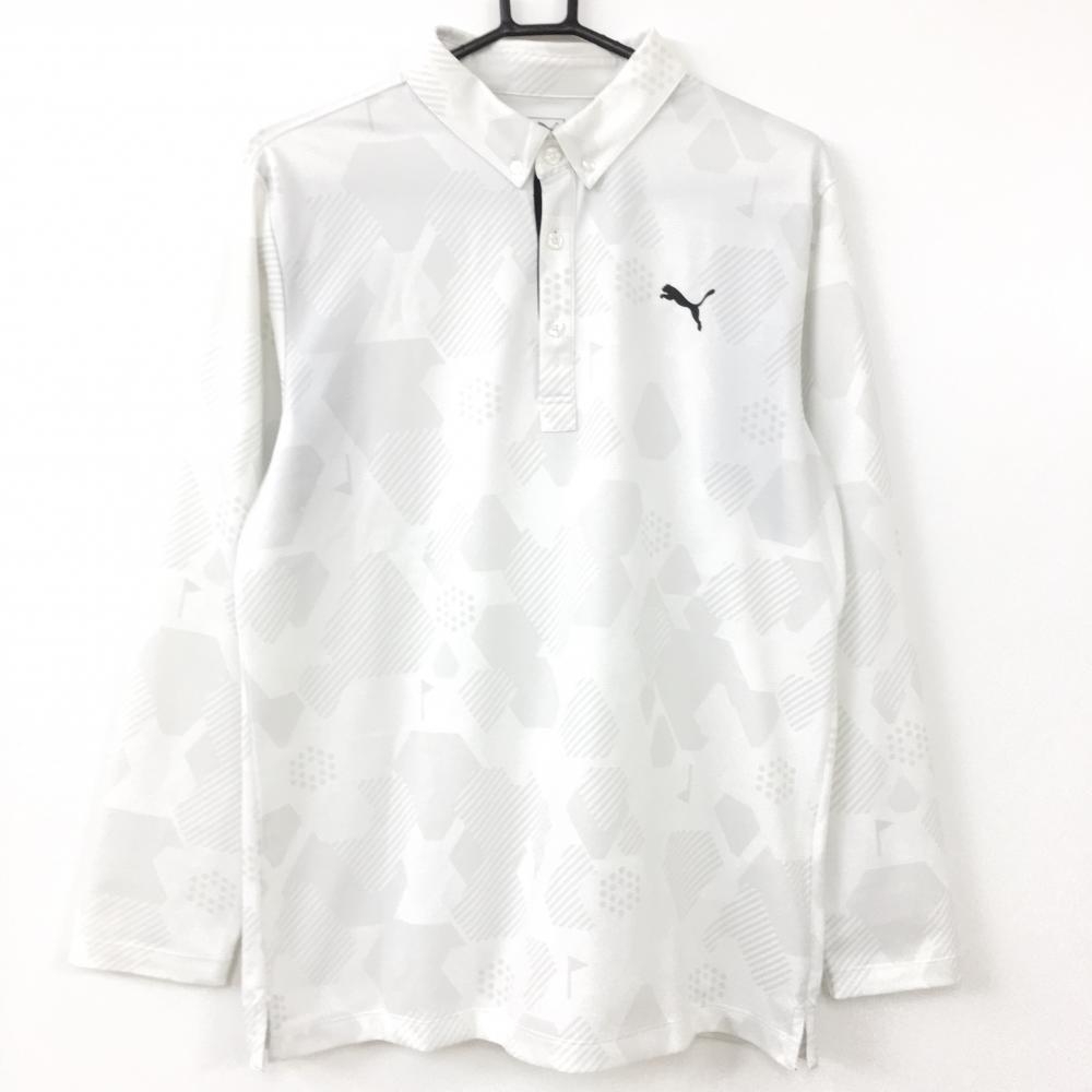 PUMA プーマ 長袖ポロシャツ 白×グレー 総柄 ボタンダウン メンズ XL ゴルフウェア