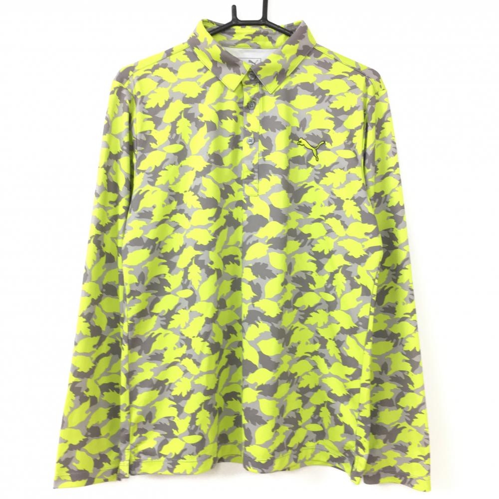 【超美品】PUMA プーマ 長袖ポロシャツ グレー×イエロー 総柄 メンズ ＸＬ ゴルフウェア