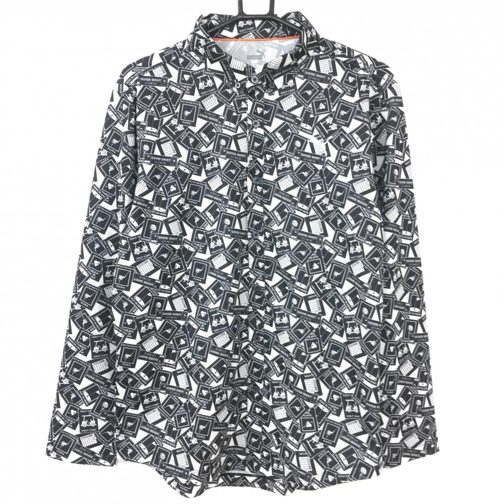 【超美品】PUMA プーマ 長袖ポロシャツ 白×黒 総柄 ボタンダウン メンズ ＸＬ ゴルフウェア
