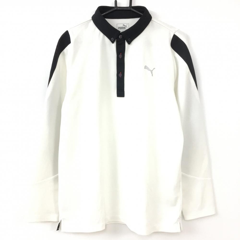 【美品】PUMA プーマ 長袖ポロシャツ 白×黒 袖ライン バックロゴプリント メンズ XL ゴルフウェア