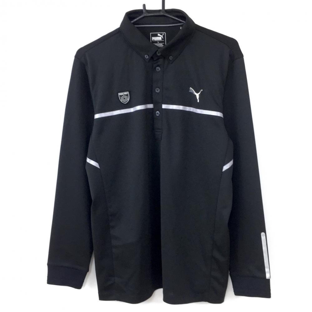【美品】PUMA プーマ 長袖ポロシャツ 黒×グレー ライン ボタンダウン メンズ XL ゴルフウェア