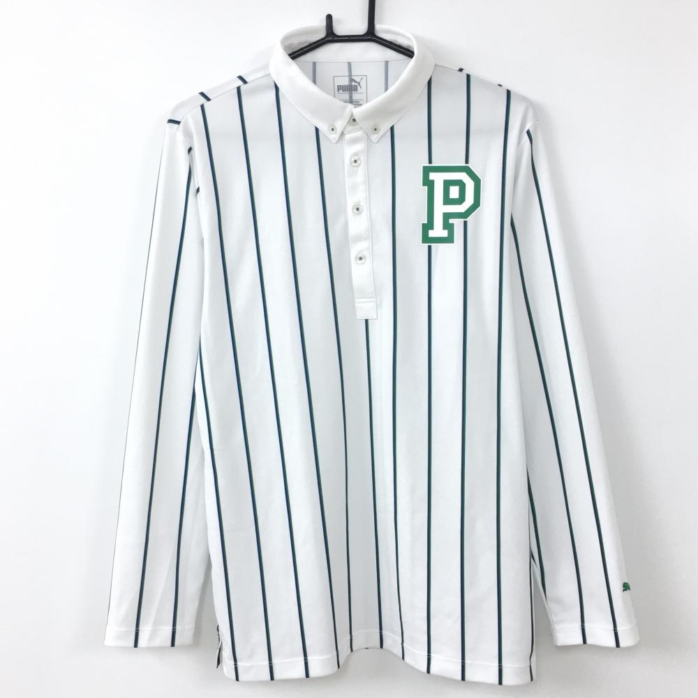 【美品】PUMA プーマ 長袖ポロシャツ 白×グリーン ストライプ柄 ボタンダウン メンズ XL ゴルフウェア