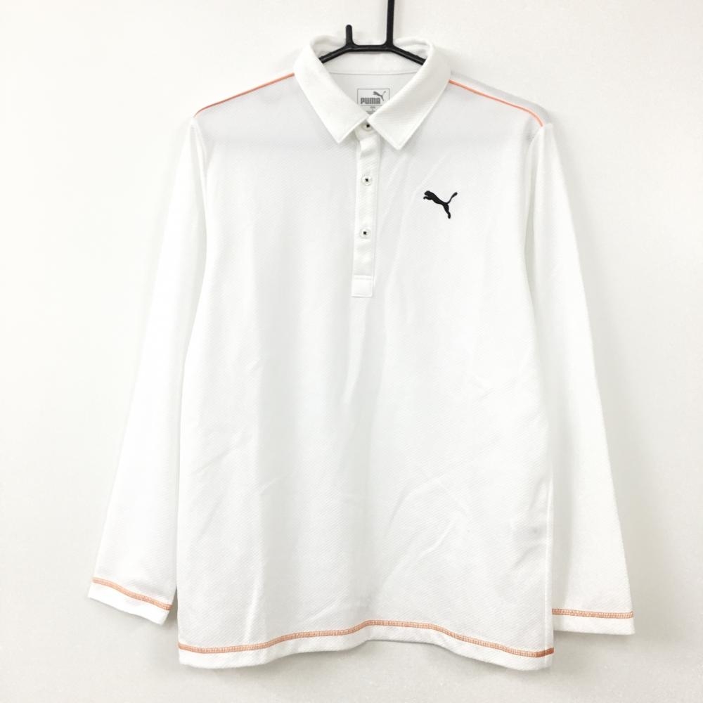 【超美品】プーマ 長袖ポロシャツ 白×オレンジ 凹凸生地 メンズ L ゴルフウェア PUMA