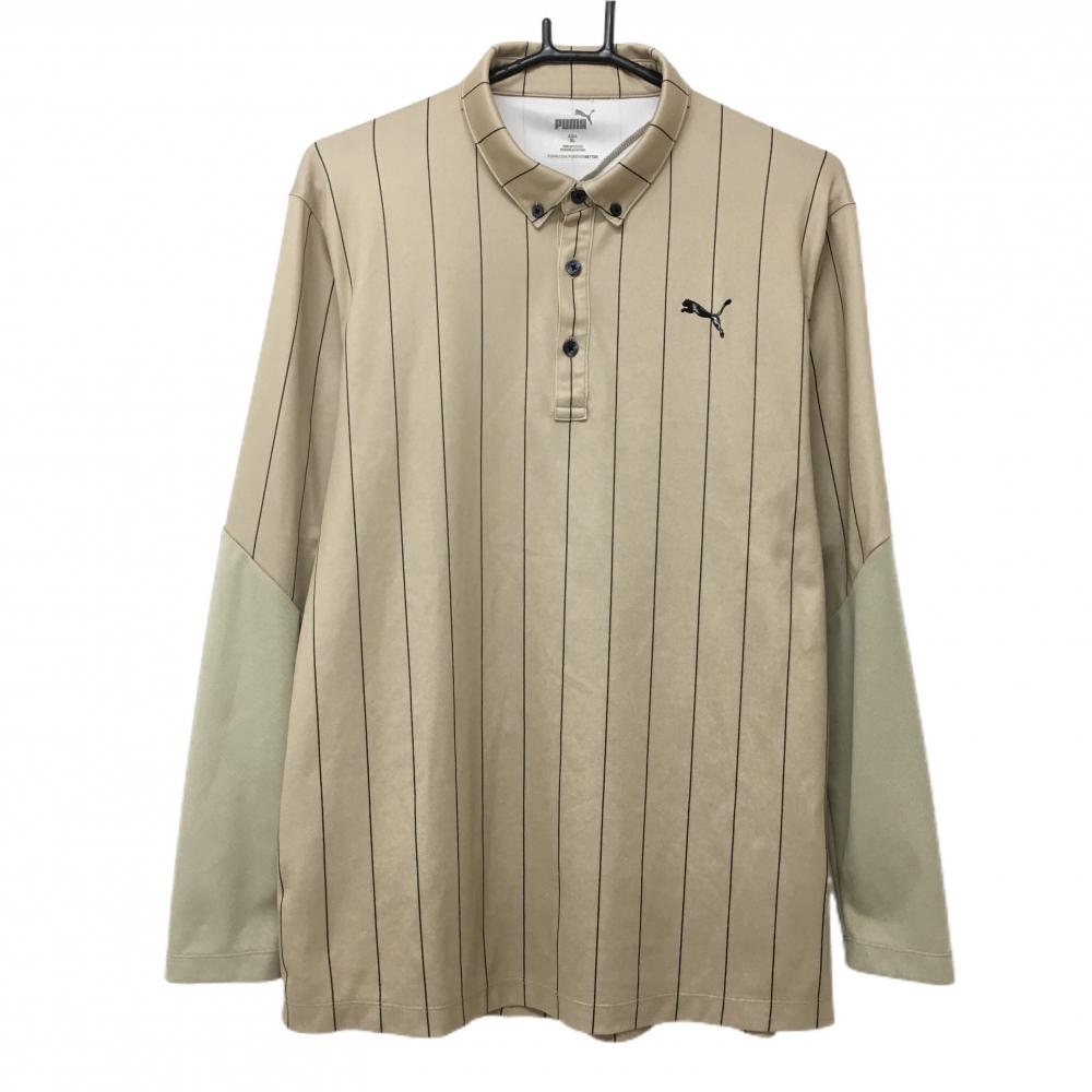 プーマ 長袖ポロシャツ ライトブラウン×黒 ストライプ ボタンダウン  メンズ XL ゴルフウェア PUMA