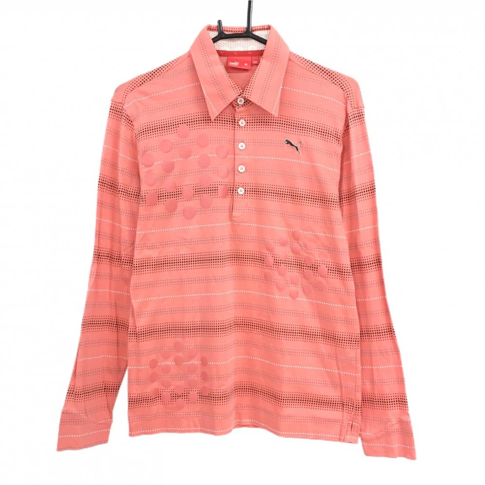 【美品】プーマ 長袖ポロシャツ サーモンピンク×ブラウン ドット柄 ボーダー  メンズ M ゴルフウェア PUMA