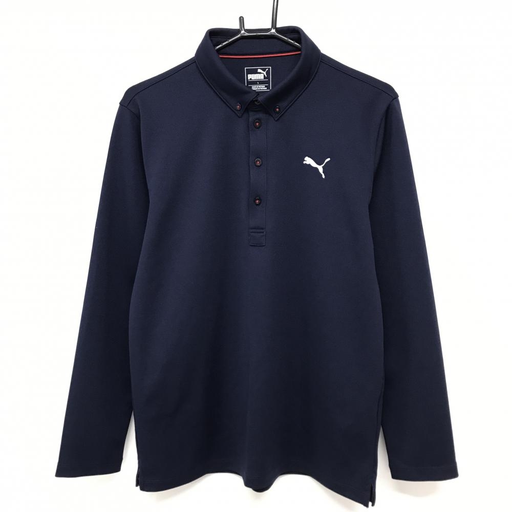 【美品】プーマ 長袖ポロシャツ ネイビー×白 ボタンダウン ロゴ刺しゅう  メンズ L ゴルフウェア PUMA