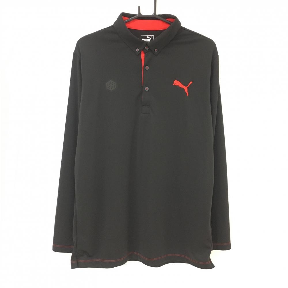 【超美品】プーマ 長袖ポロシャツ 黒×レッド ロゴ刺しゅう メンズ 3XL ゴルフウェア 大きいサイズ PUMA