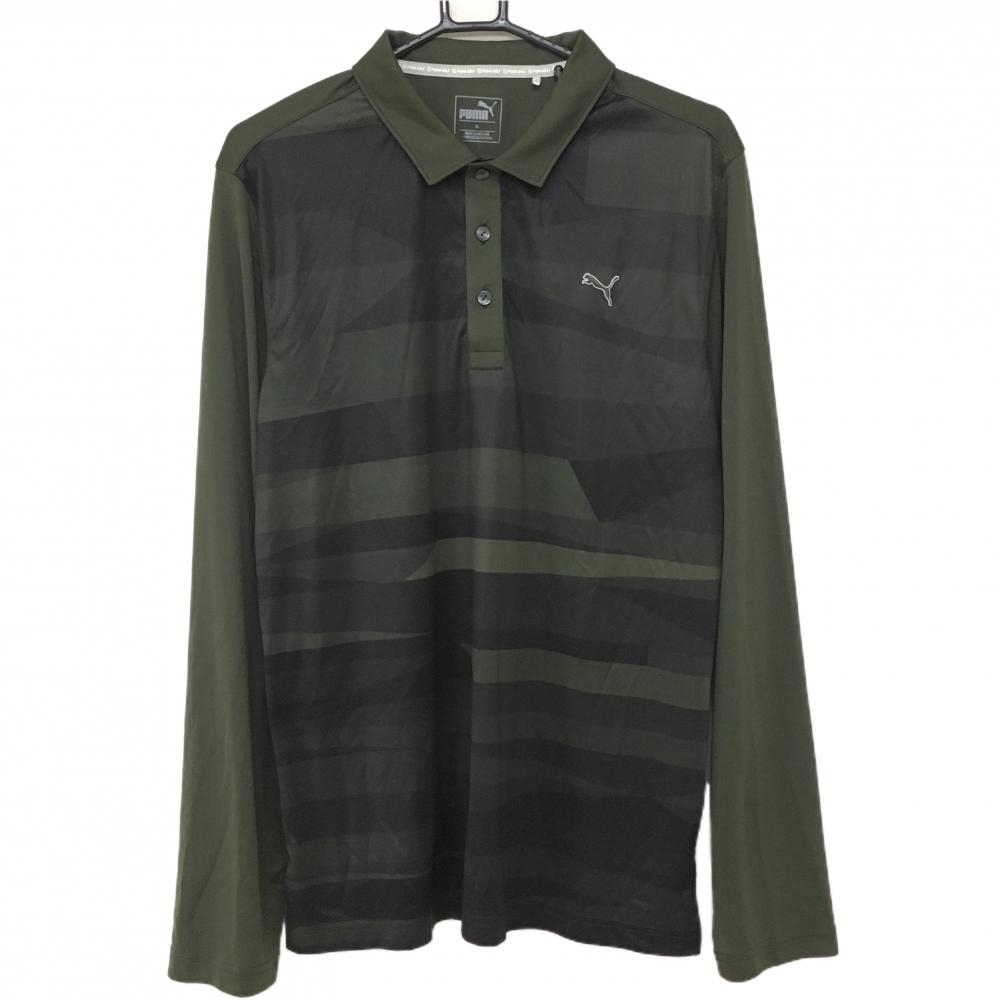 【超美品】プーマ 長袖ポロシャツ カーキ×黒 前身頃総柄 ロゴ刺しゅう メンズ XL ゴルフウェア PUMA