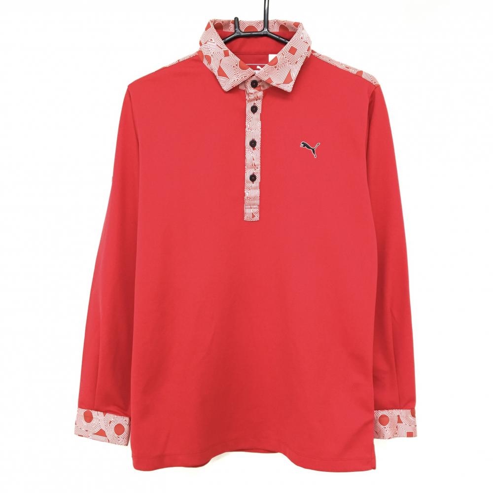 【美品】プーマ 長袖ポロシャツ レッド×白 一部柄 胸ロゴ　 メンズ L ゴルフウェア PUMA