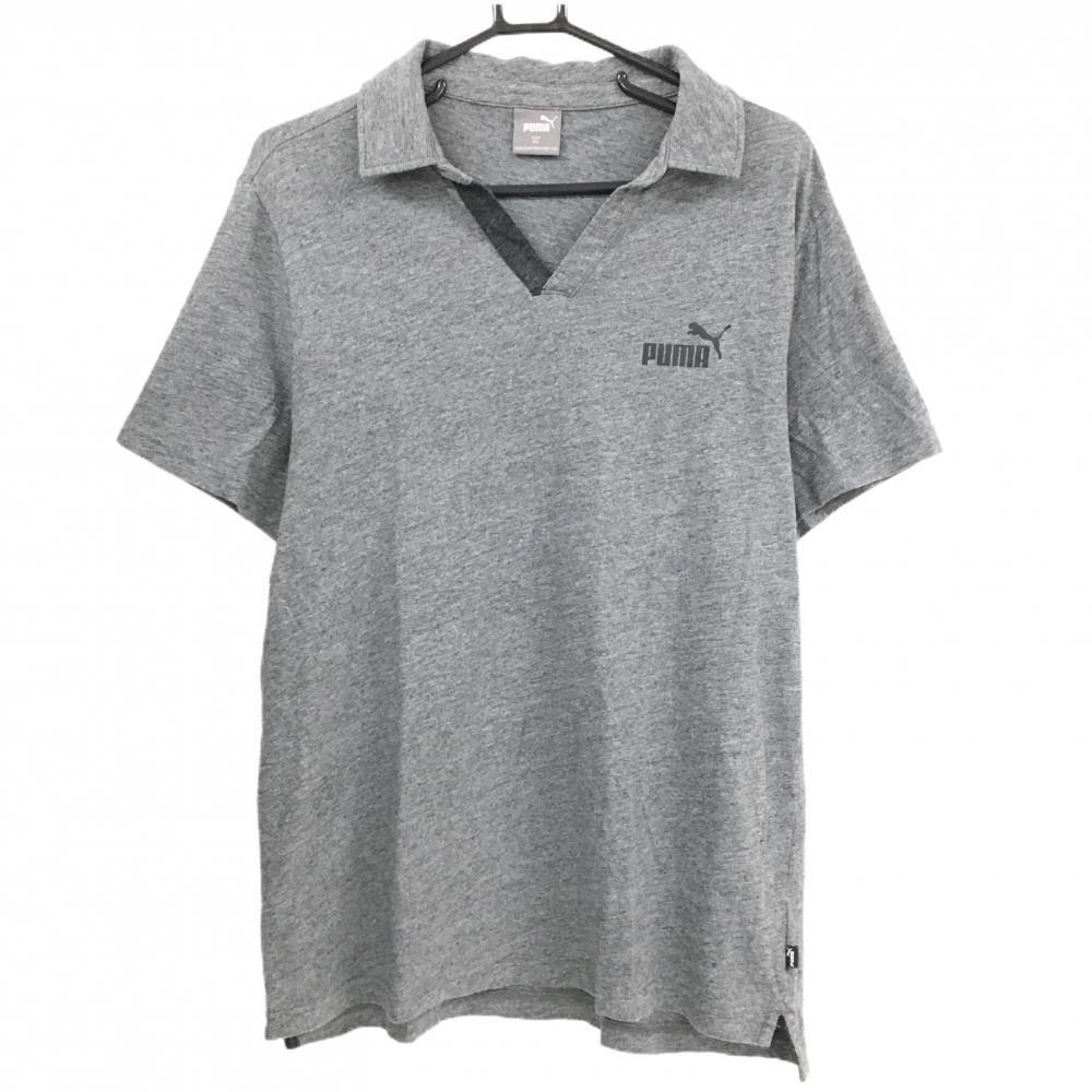 【超美品】プーマ スキッパーシャツ 杢グレー ロゴプリント メンズ XXL ゴルフウェア PUMA