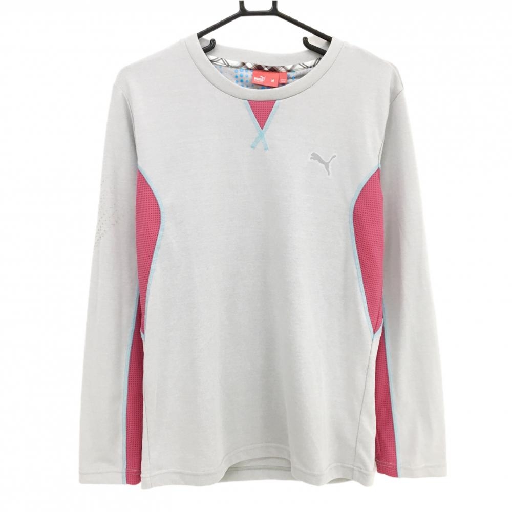 【超美品】プーマ 長袖Ｔシャツ グレー×ピンク 袖下メッシュ調 ロゴプリント メンズ M ゴルフウェア PUMA