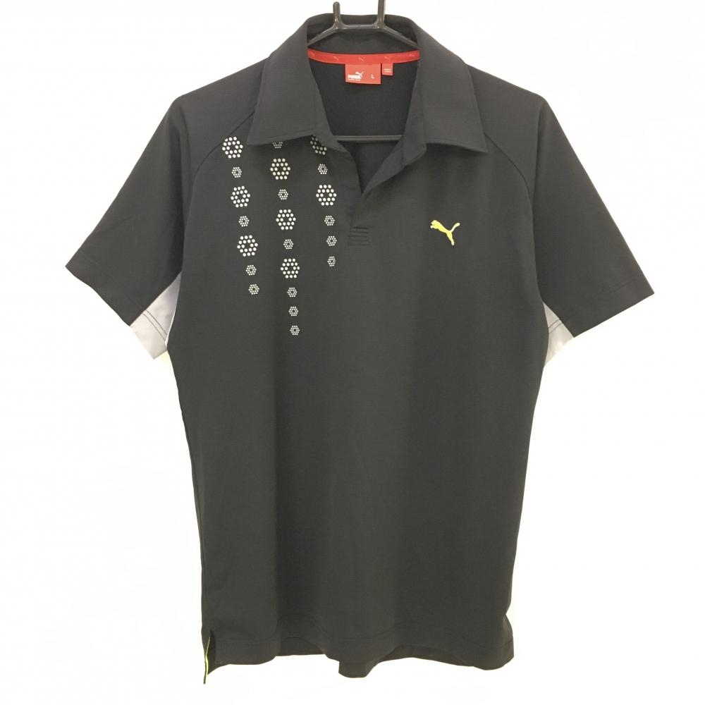 プーマ 半袖スキッパーシャツ 黒×ライトグレー ボーダー地模様  メンズ L ゴルフウェア PUMA