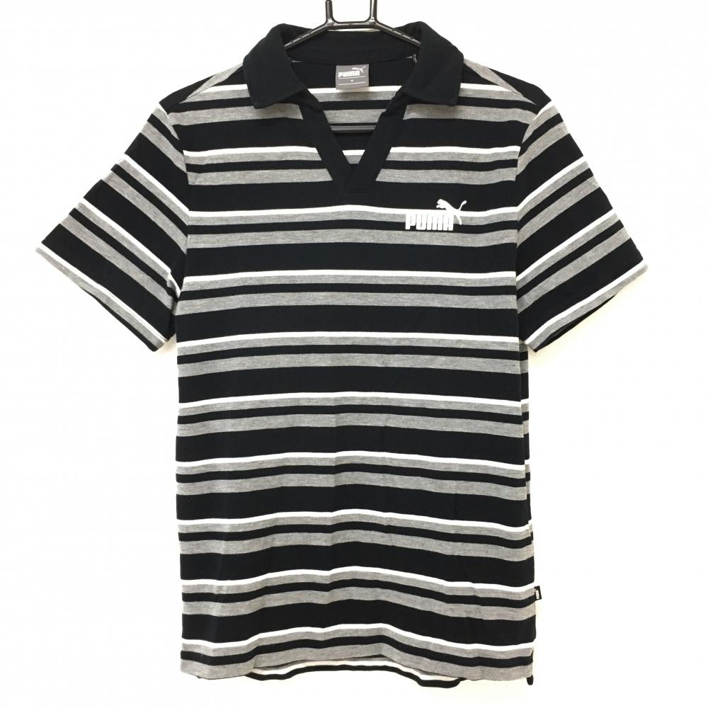 プーマ 半袖スキッパーシャツ 黒×グレー ボーダー メンズ M ゴルフウェア PUMA