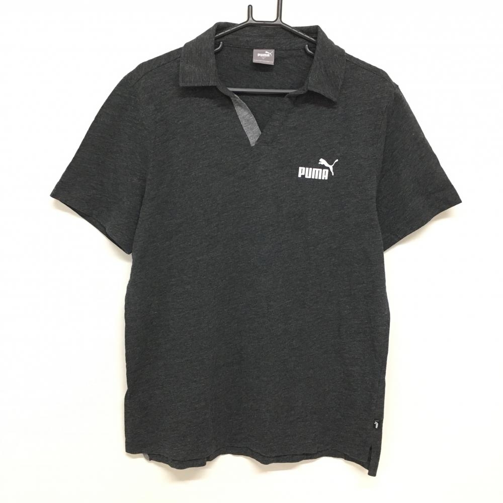 【美品】プーマ 半袖スキッパーシャツ 杢グレー ロゴ白 メンズ XL ゴルフウェア PUMA