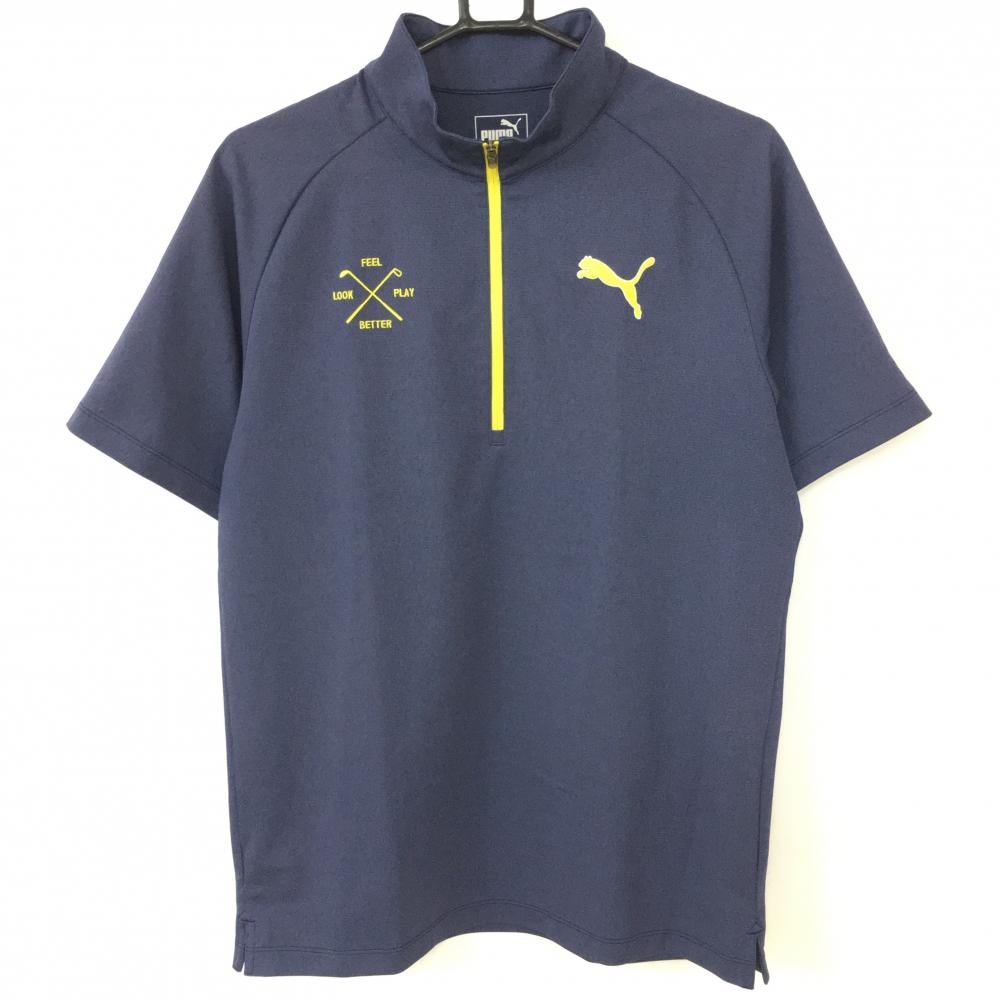 【超美品】PUMA プーマ 半袖ハイネックシャツ ネイビー×イエロー ハーフジップ バックロゴ メンズ XL ゴルフウェア