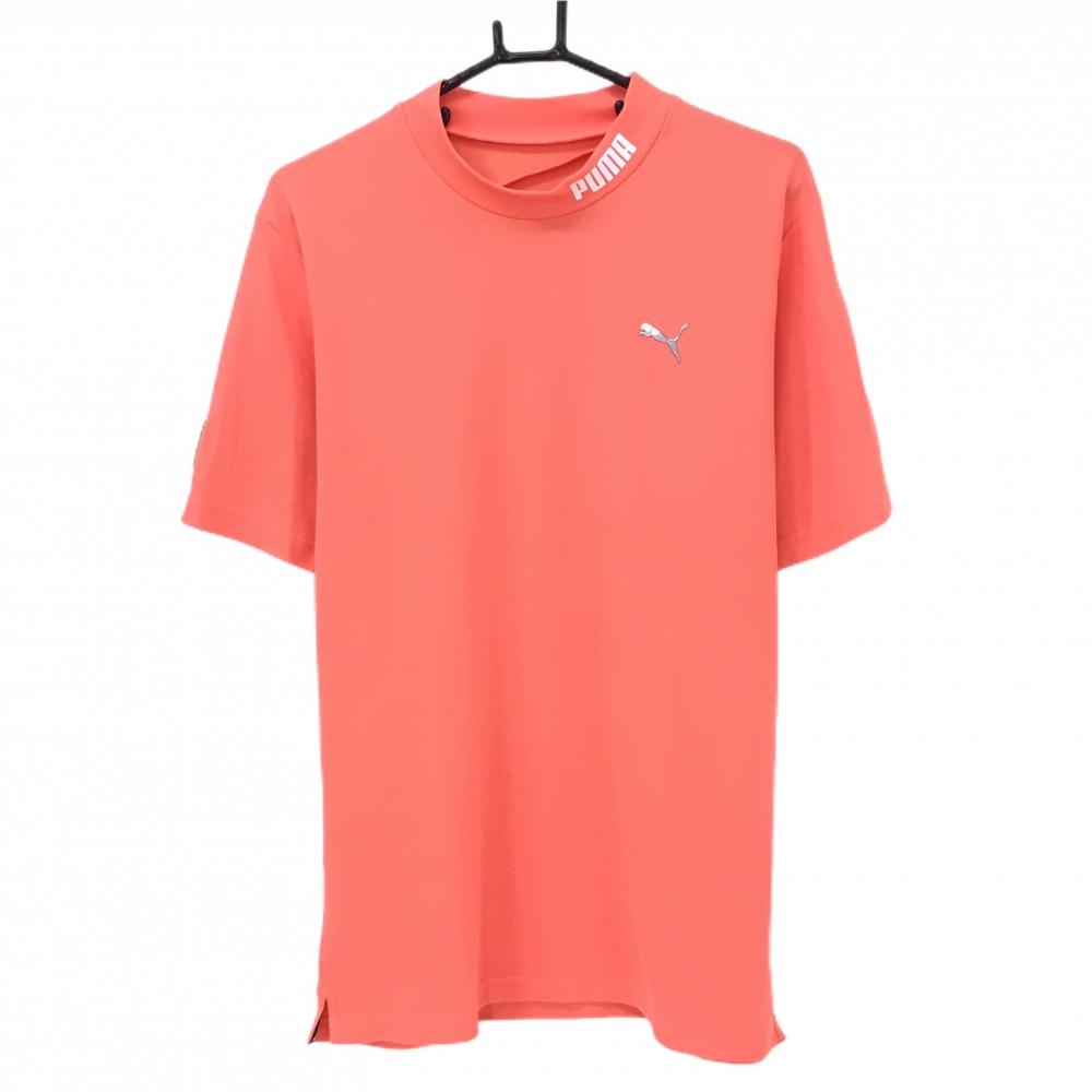 【超美品】プーマ 半袖ハイネックシャツ サーモンオレンジ系 ネックロゴ メンズ XL ゴルフウェア PUMA