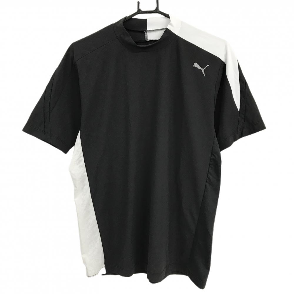 【美品】プーマ 半袖ハイネックシャツ 黒系×白 サイドメッシュ ロゴプリント メンズ L ゴルフウェア 2023年モデル PUMA