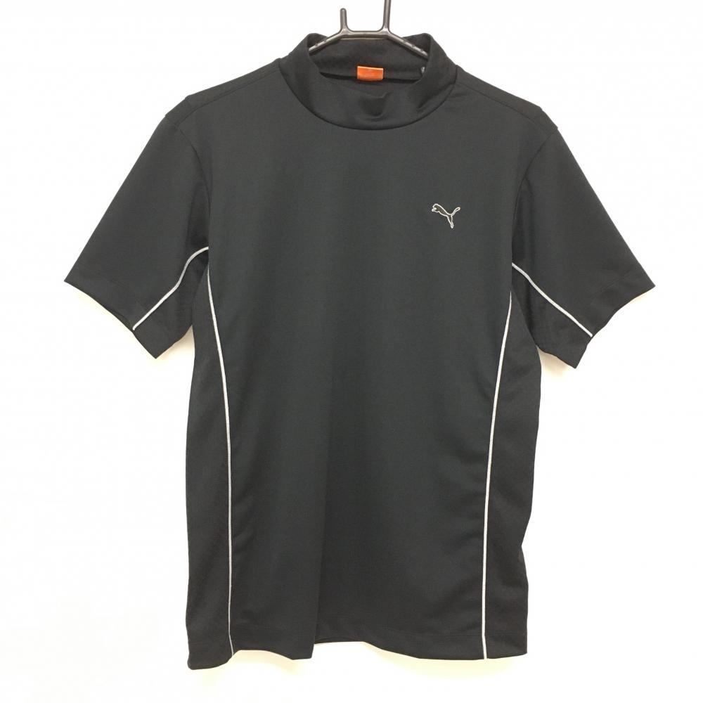 【超美品】プーマ 半袖ハイネックシャツ 黒 サイド地模様 ロゴ刺しゅう メンズ L ゴルフウェア PUMA