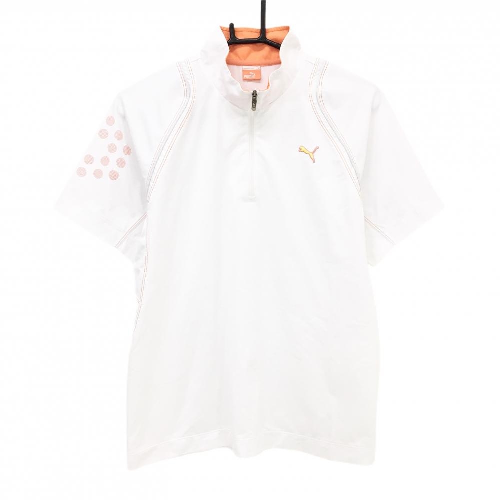 【超美品】プーマ 半袖ハイネックシャツ 白×オレンジ ハーフジップ ステッチ 胸ロゴ メンズ M ゴルフウェア PUMA