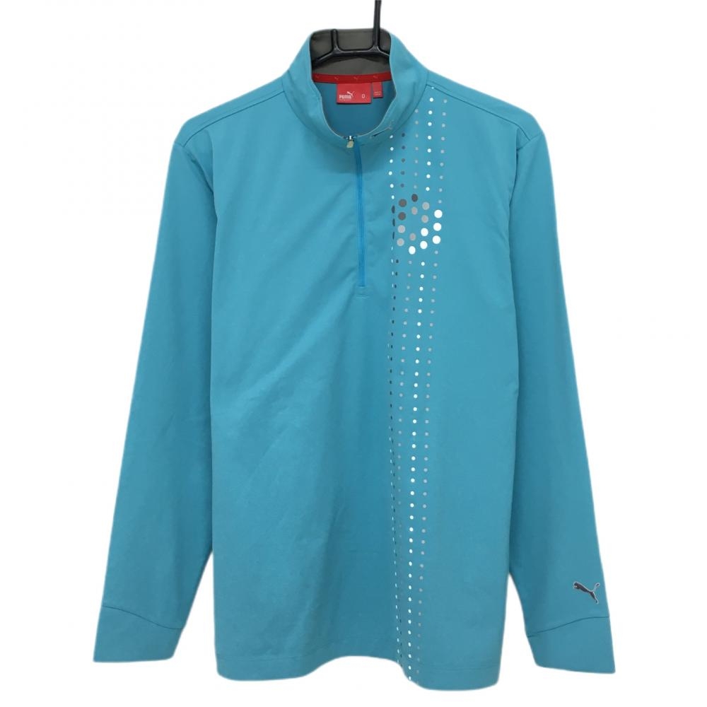 【美品】プーマ 長袖ハイネックシャツ ライトブルー×シルバー ハーフジップ 一部ドットライン メンズ 0 ゴルフウェア PUMA