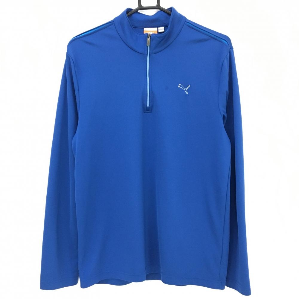 プーマ 長袖ハイネックシャツ ブルー ハーフジップ 織生地 ロゴ刺しゅう メンズ M ゴルフウェア PUMA