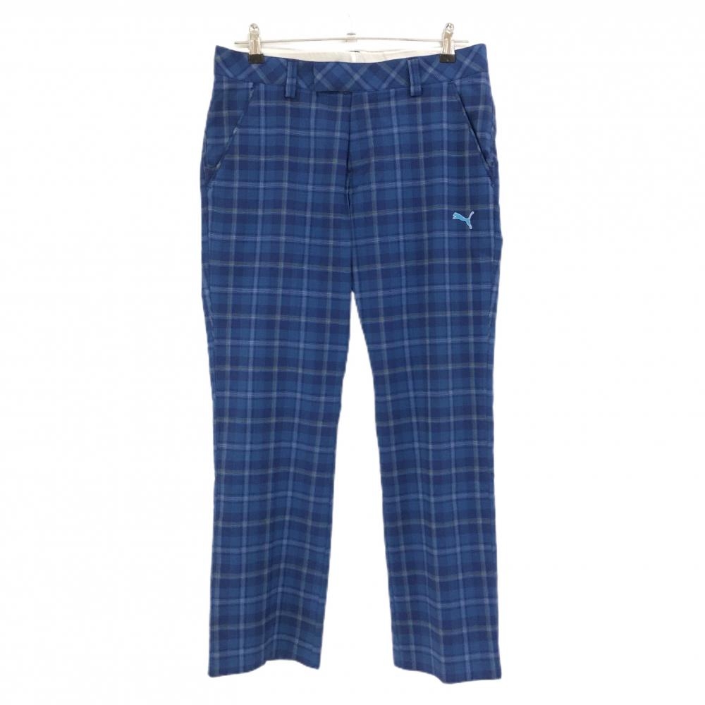 【美品】プーマ パンツ ネイビー×白 チェック ストレッチ ロゴ刺しゅう メンズ M ゴルフウェア PUMA