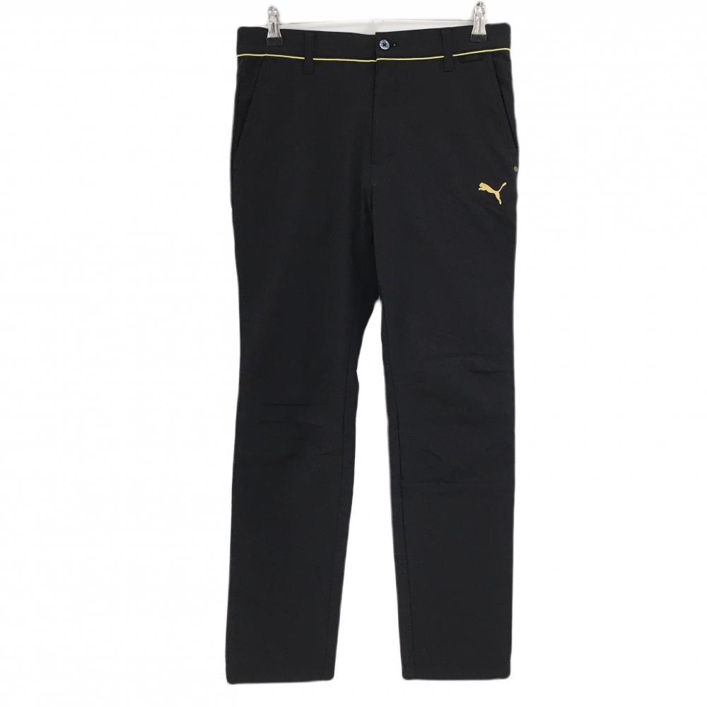 【美品】プーマ パンツ 黒×イエロー ベルト部ライン 格子地模様 DRYCELL ストレッチ メンズ M ゴルフウェア PUMA