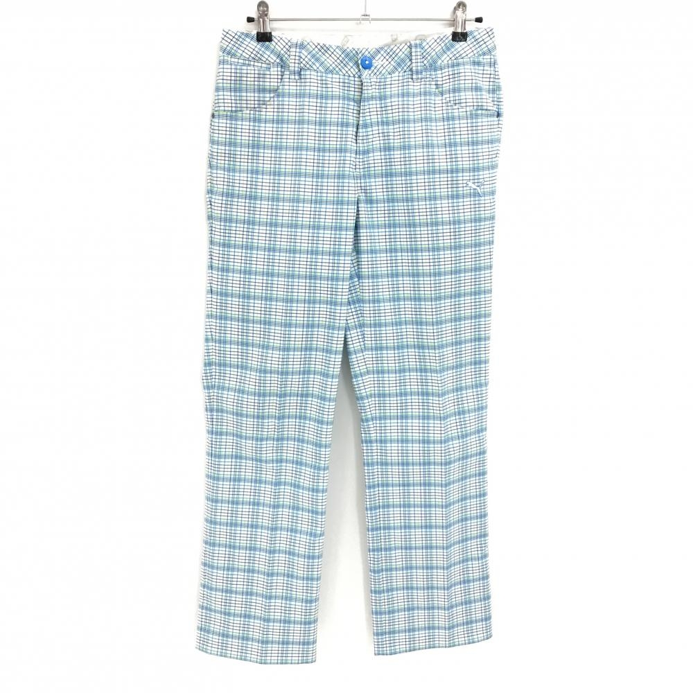 プーマ パンツ 白×ブルー系 チェック ロゴ刺しゅう ストレッチ メンズ M ゴルフウェア PUMA
