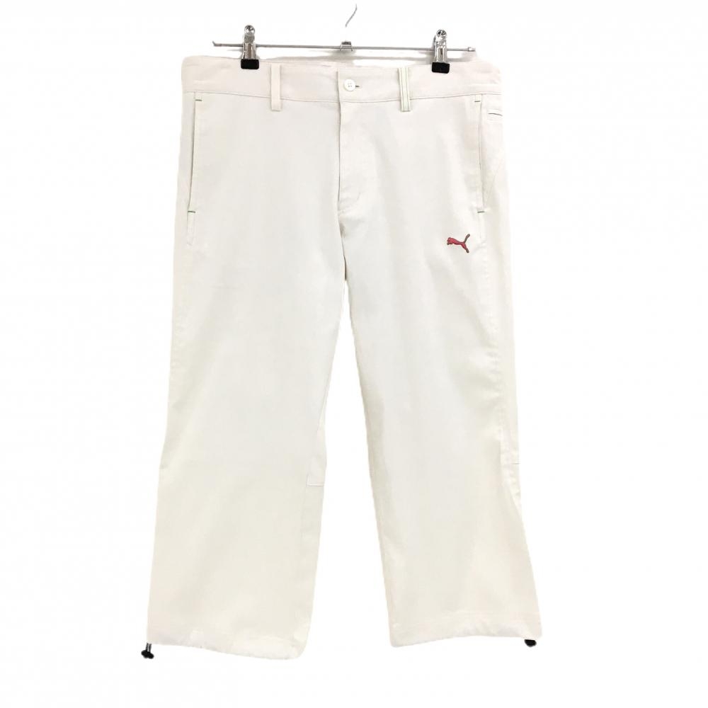 【美品】プーマ 七分丈パンツ 白×グリーン ロゴピンク 裾ドローコード  メンズ 82 ゴルフウェア PUMA