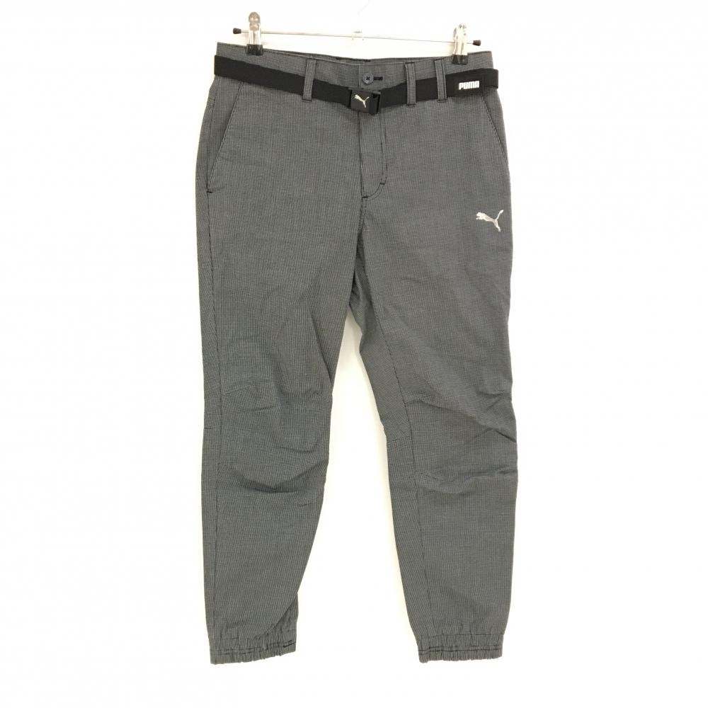 【超美品】プーマ ジョガーパンツ 黒×白 格子柄 ベルト付き 立体ロゴ メンズ M ゴルフウェア PUMA