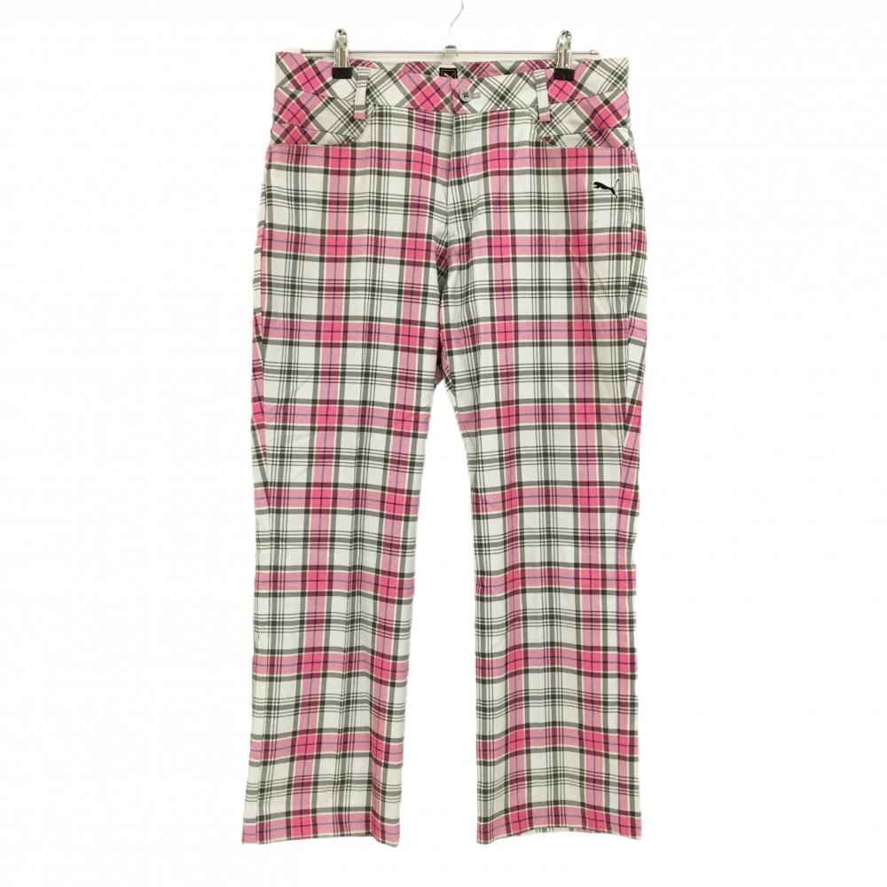 【超美品】プーマ パンツ ライトグレー×ピンク チェック ロゴ刺しゅう メンズ 82 ゴルフウェア PUMA