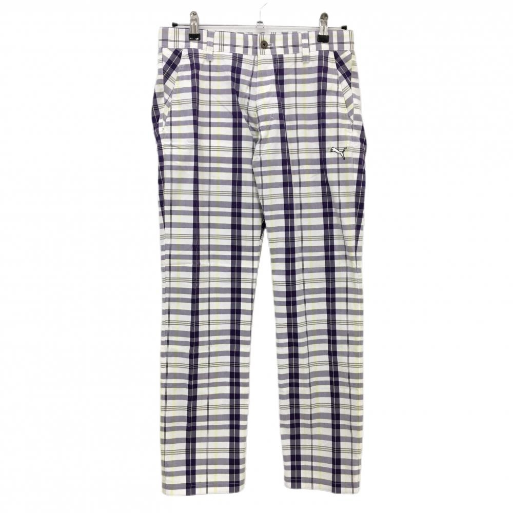 【超美品】プーマ パンツ 　白×パープル×ライトイエロー チェック ロゴ刺しゅう メンズ 76 ゴルフウェア PUMA