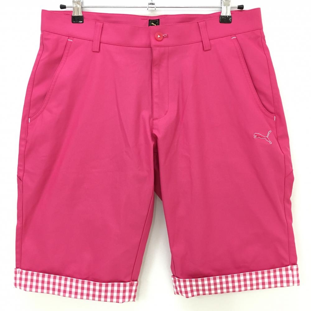 【超美品】プーマ ハーフパンツ ピンク 裾ギンガムチェック ストレッチ メンズ 82 ゴルフウェア PUMA