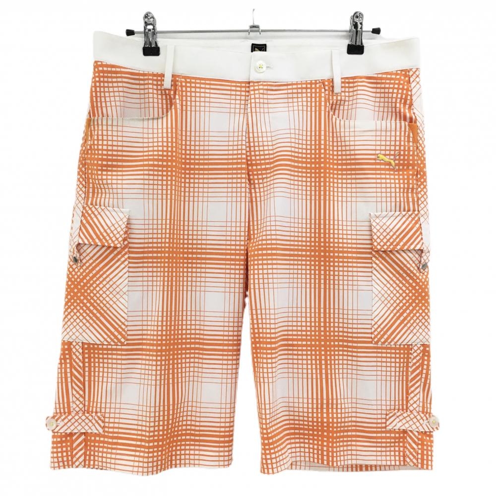 プーマ ハーフパンツ 白×オレンジ チェック ポケット複数 ストレッチ メンズ 88 ゴルフウェア PUMA