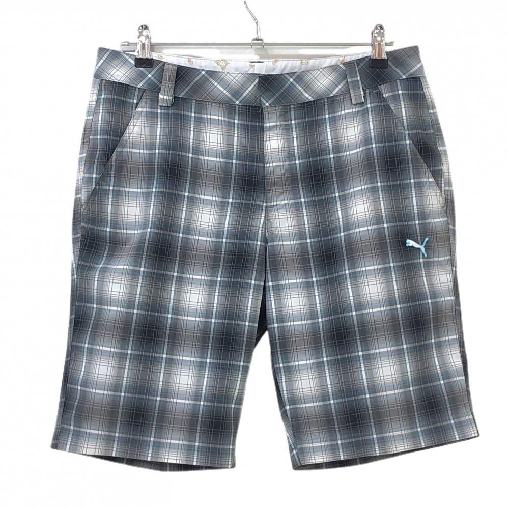 【美品】プーマ ハーフパンツ 白×ライトグレー チェック ロゴ刺しゅう メンズ L ゴルフウェア PUMA