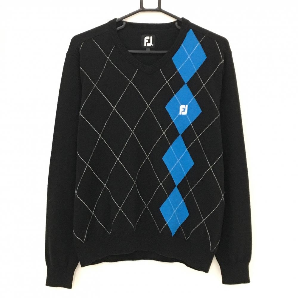 フットジョイ セーター 黒×ライトブルー アーガイル柄 Vネック ロゴ刺しゅう ウール混  メンズ M ゴルフウェア FootJoy